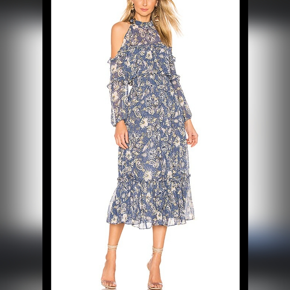 Misa Los Angeles Dress Caity Cold Shoulder Ruffled Paisley Boho Blue Sheer M